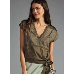 Anthropologie Tiny Womens 2X Tatiana Olive Green Lace Boho Wrap Short Sleeve Top